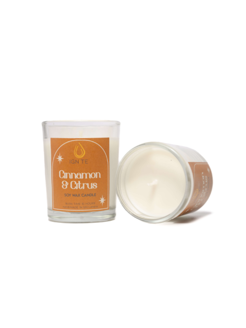Glass jar containing a soy wax scented candle with a 10-hour burn time