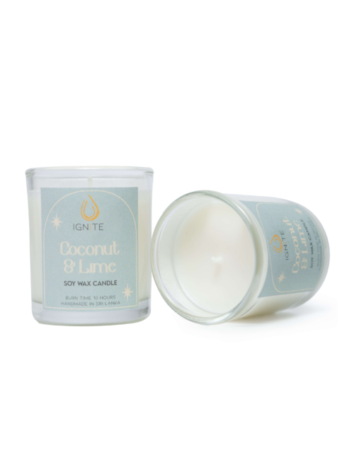 Glass jar containing a soy wax scented candle with a 10-hour burn time