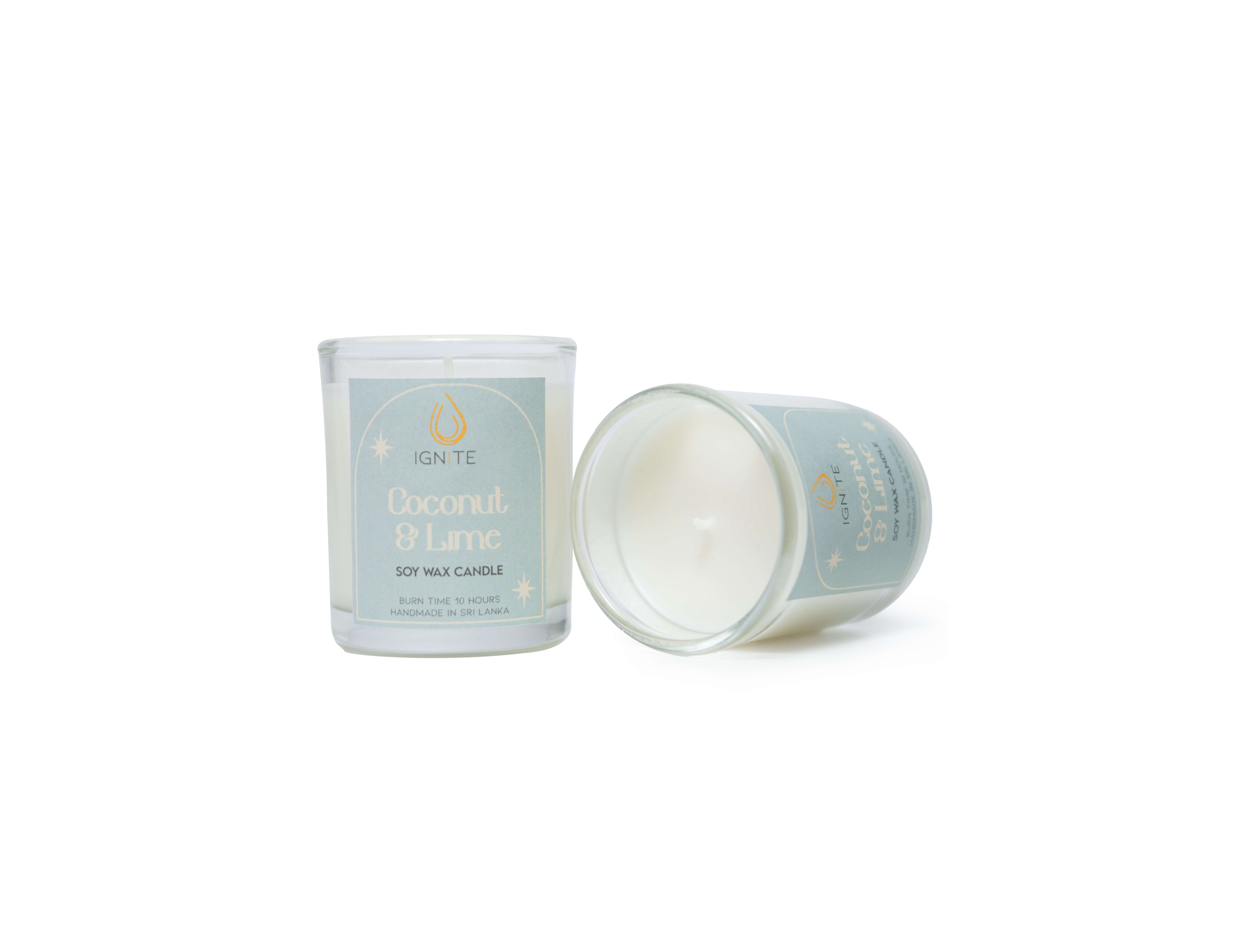 glass-coconut-lime Glass jar containing a soy wax scented candle with a 10-hour burn time