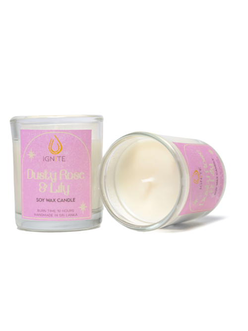 Glass jar containing a soy wax scented candle with a 10-hour burn time