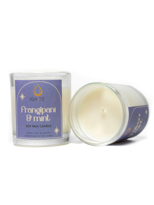 Glass jar containing a soy wax scented candle with a 10-hour burn time