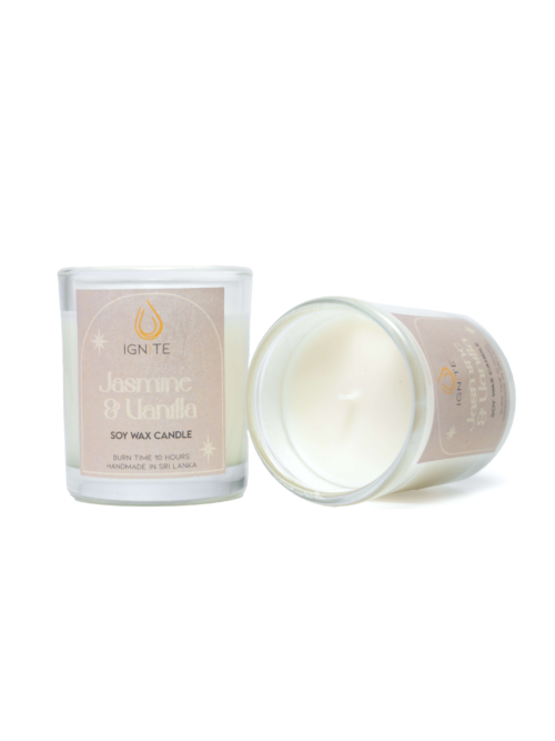 Glass jar containing a soy wax scented candle with a 10-hour burn time