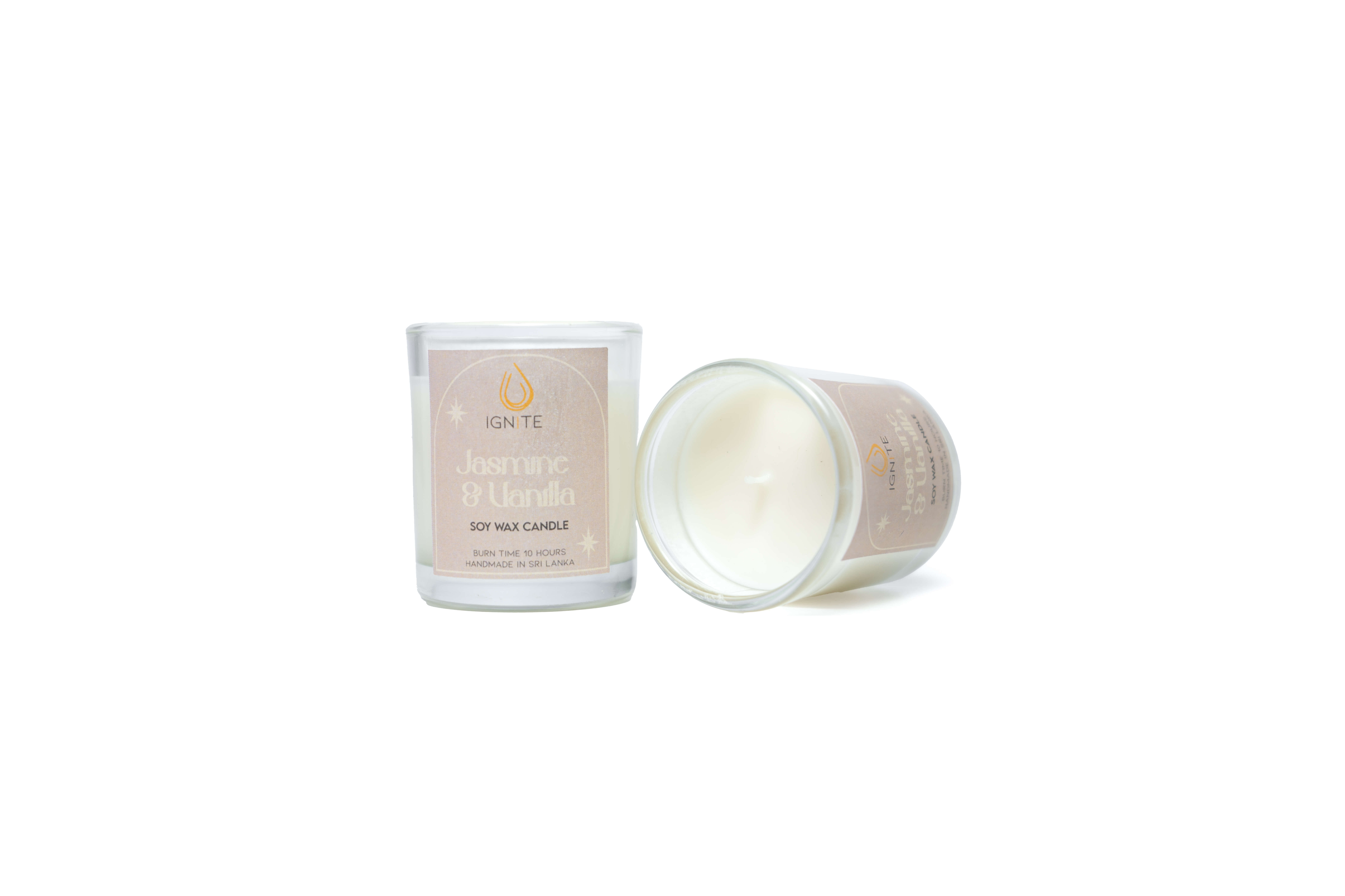 glass-jasmine Glass jar containing a soy wax scented candle with a 10-hour burn time