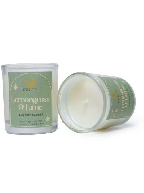 Glass jar containing a soy wax scented candle with a 10-hour burn time