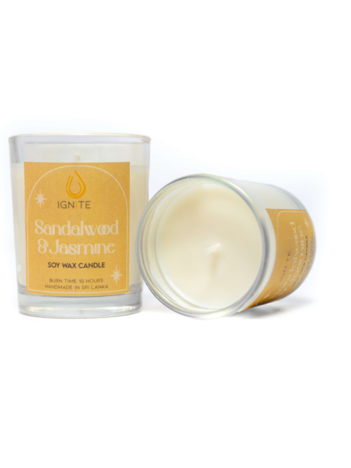 Glass jar containing a soy wax scented candle with a 10-hour burn time