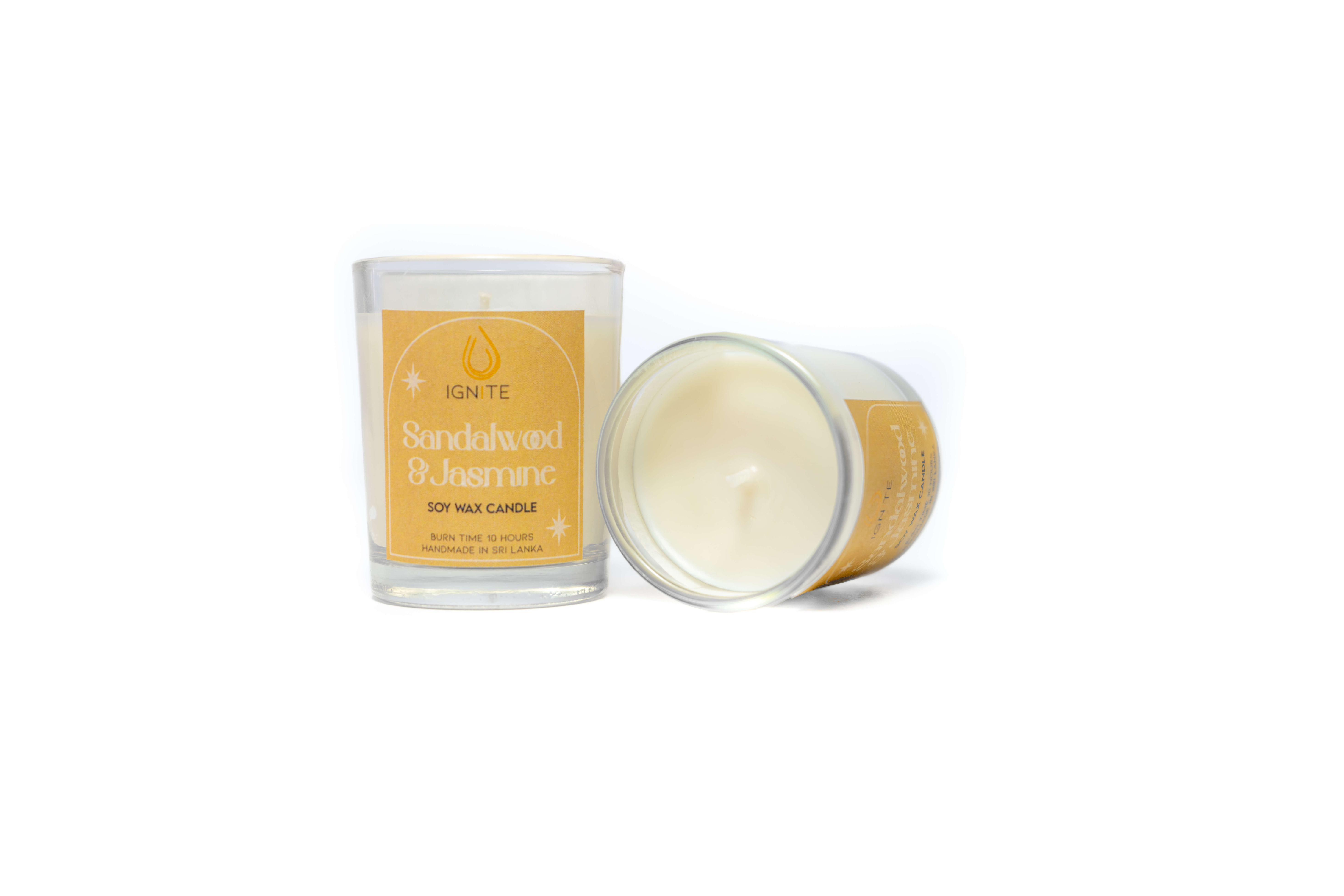 glass-sandalwood-jasmine Glass jar containing a soy wax scented candle with a 10-hour burn time