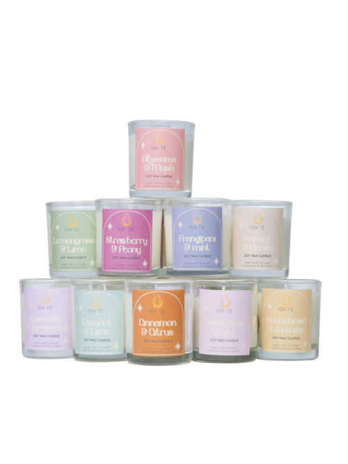 Full collection of Glass jar containing a soy wax scented candle.