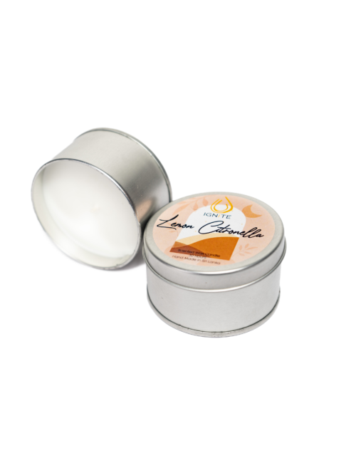 Scented travel candle in a tin with lemon and citronella